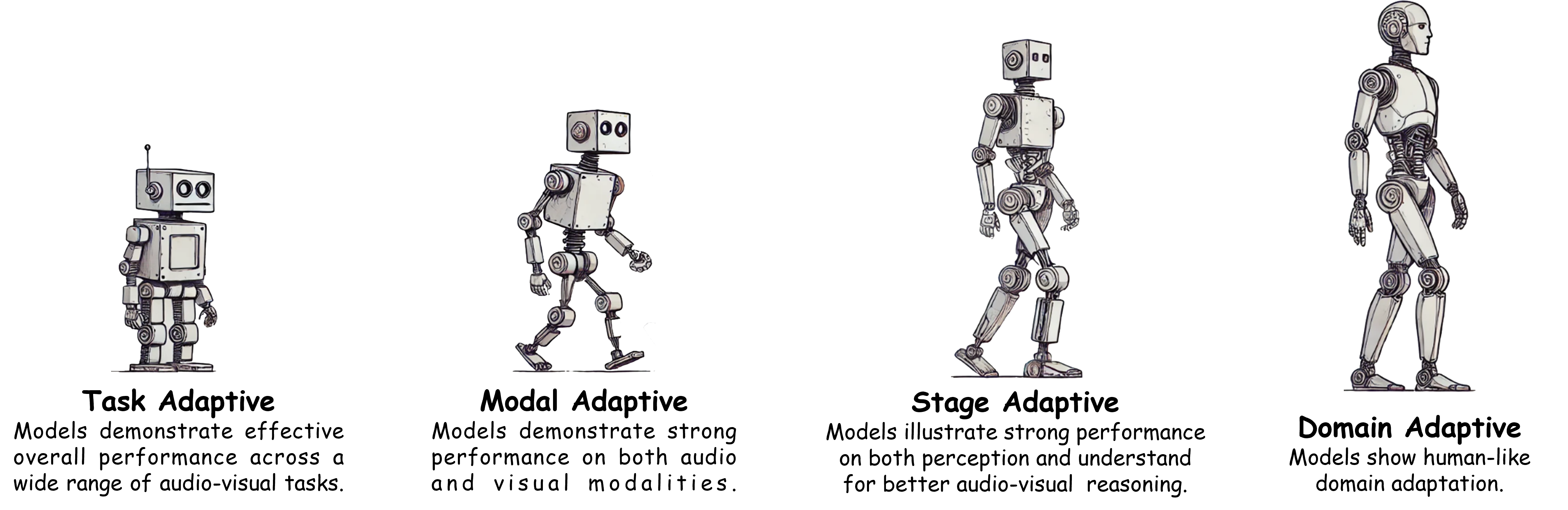 Robot evolution figure: from box-headed Task-Adaptive robot to humanoid Domain-Adaptive robot, illustrating the four levels of AVI taxonomy